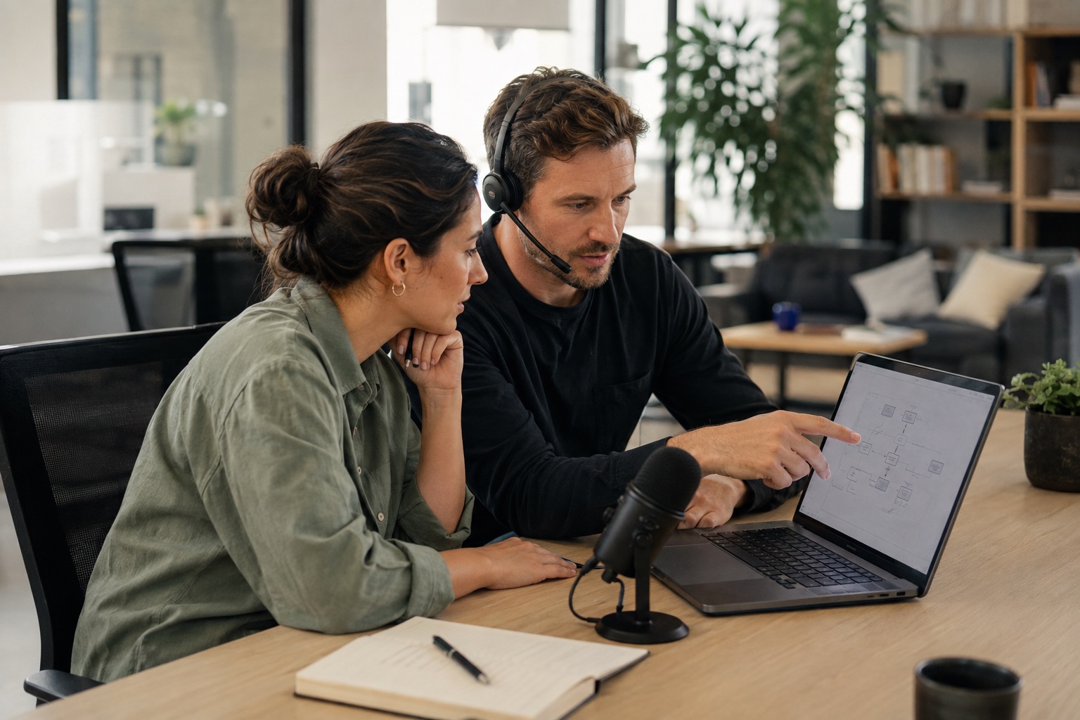 Illustrative engineer and customer success colleague testing a call workflow