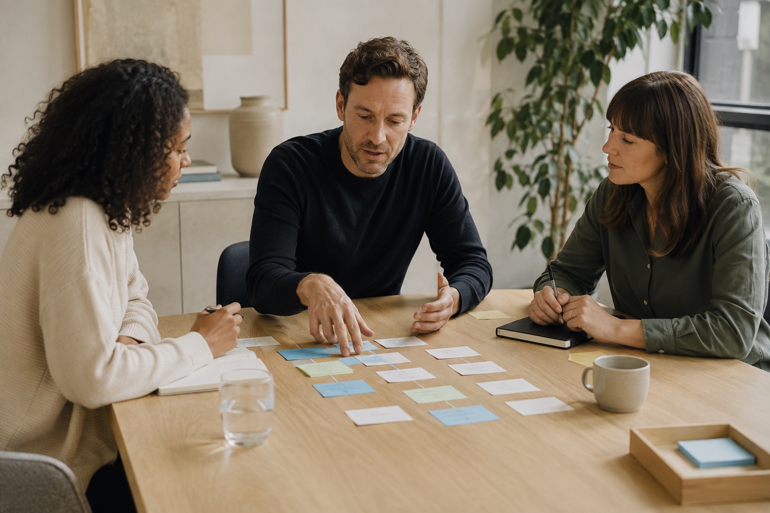 Illustrative team mapping a customer journey together at a table